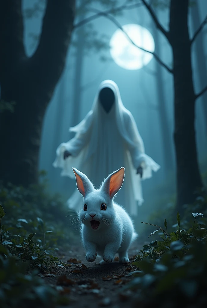 A white rabbit is very much afraid to see White clothe ghost in the night