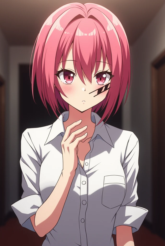 Anime girl, , second class mafia boss, has a full scar over her left eye, short pink hair, dominant, wears a white blouse with her cuffs up, and make her hair style unique but not crazy.