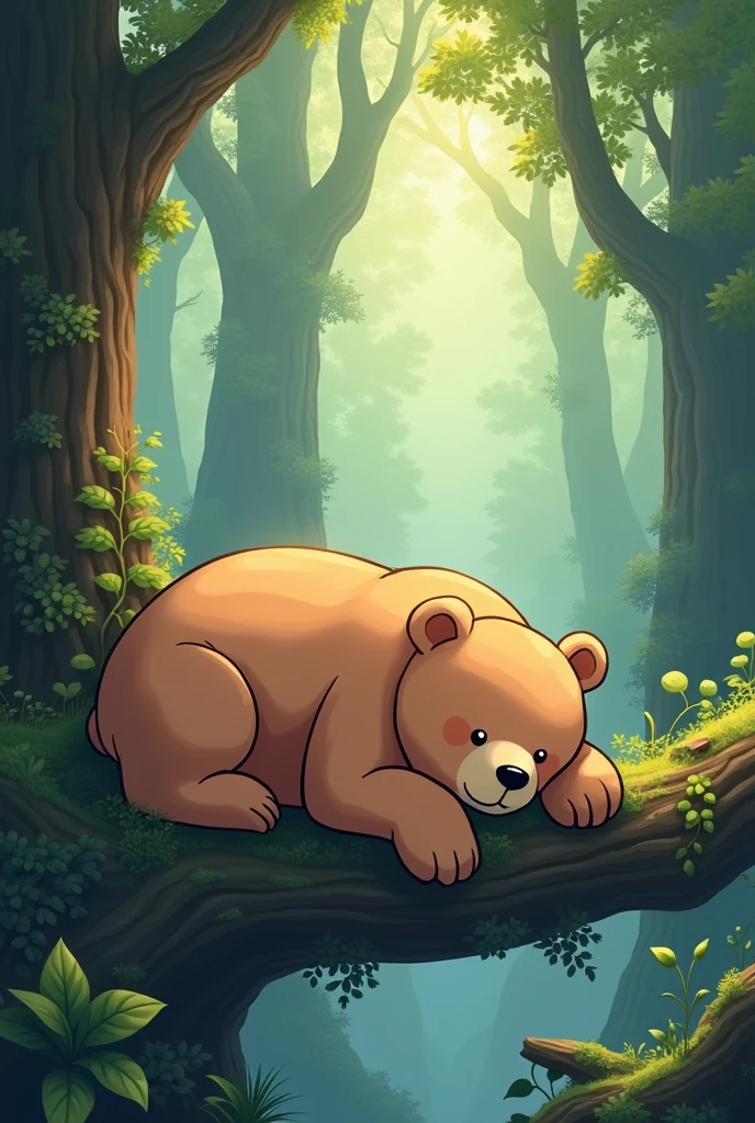 high quality,excellent work,A big brown bear(Center of the screen),Moe and cute,Lying on a branch,Primeval forest background,whole body,masterpiece,HD,wallpaper,Adding details,Extremely high resolution,