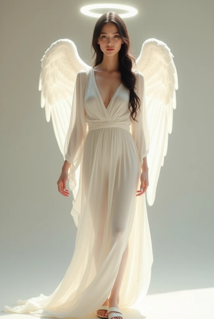 a american woman with an seraphic visage face, A braid that encircles the head, wearing white Soft Draped Gowns, full body image, standing straight, white sandals, looking at the camera, no wings