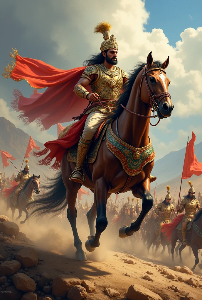 Indian ancient king riding horse in a war