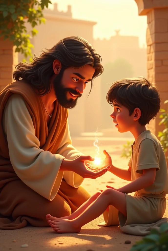 A 3D movie poster in Disney-Pixar style of Jesus as a  kid helping his friend that broke his ankle, after praying a very bright light appeared in Jesus' hands while he grabbed his friend’s ankle