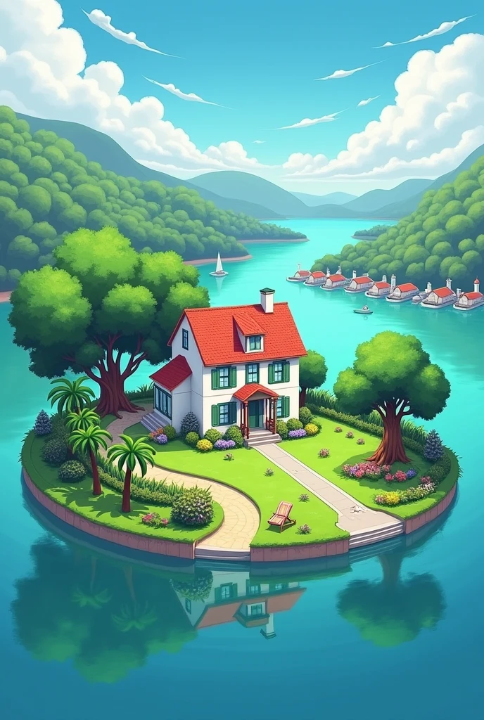 Listen carefully to the description of a villa on sale. Based on the information, draw the sketch of the villa being described. There's an island in the middle of a lake. In the middle of the island there's a two floor villa. The stark white color of the villa is toned by the rows of palm trees and shrubs in the front lawn. The red roof with a green chimney compliments the multi-colored flowers that greet a person as the big door and four windows on the ground floor open. In the corner of the lawn, there is an enclosed area for the birds. In the backyard. there is a huge tree, beside the small pool. Under the tree I have placed a relaxing chair. There're a lot of big trees to the left of the house. On the lake, to the right of the island there is a row of houseboats while to the left of the lake there's a hill with a lighthouse on the top.