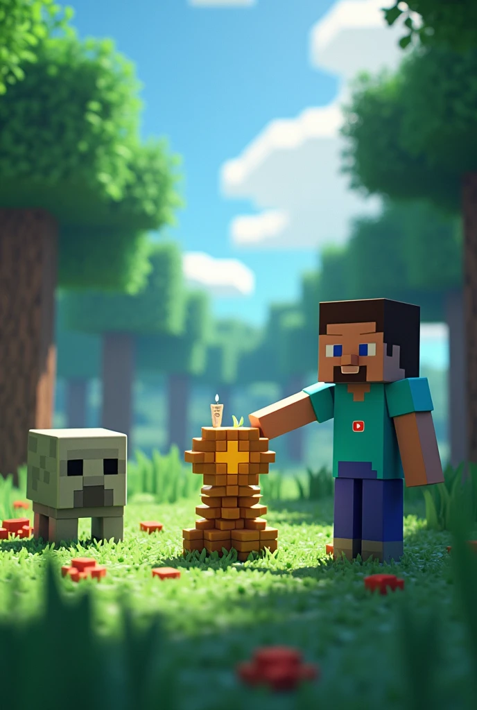Create a picture in a beautiful Minecraft world with the shader Complementary.exe where on the right a blue skin with a YouTube symbol in young without a beard with the name Jampar pointing to a Minecraft totem of immortality on the ground on the left is a green creeper who is between the loot a = ? is without trees