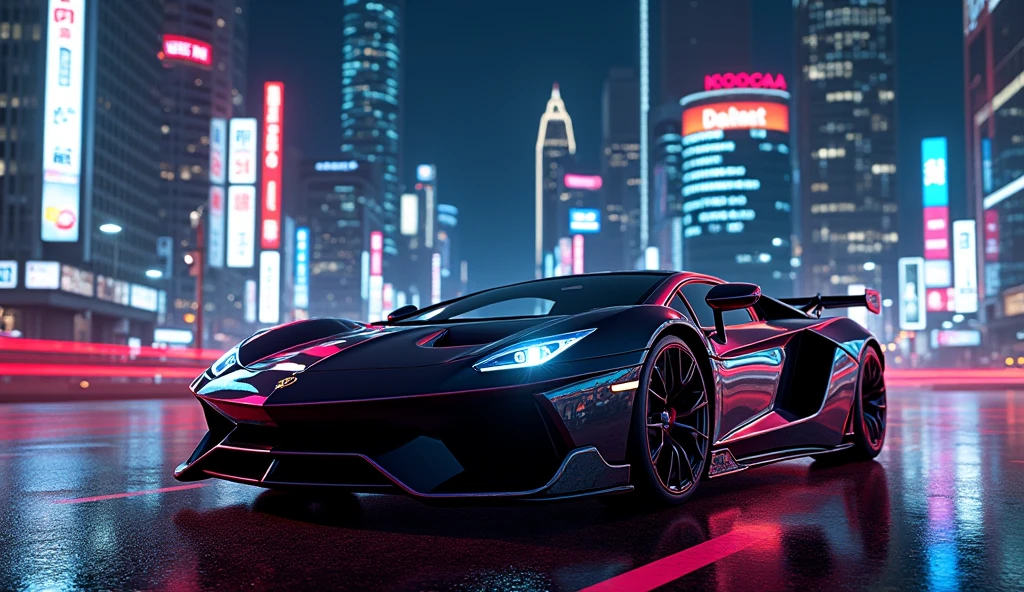 Magnifique voiture de luxe dans la ville de Tokyo la nuit avec écrit 80 s SynthFunk 