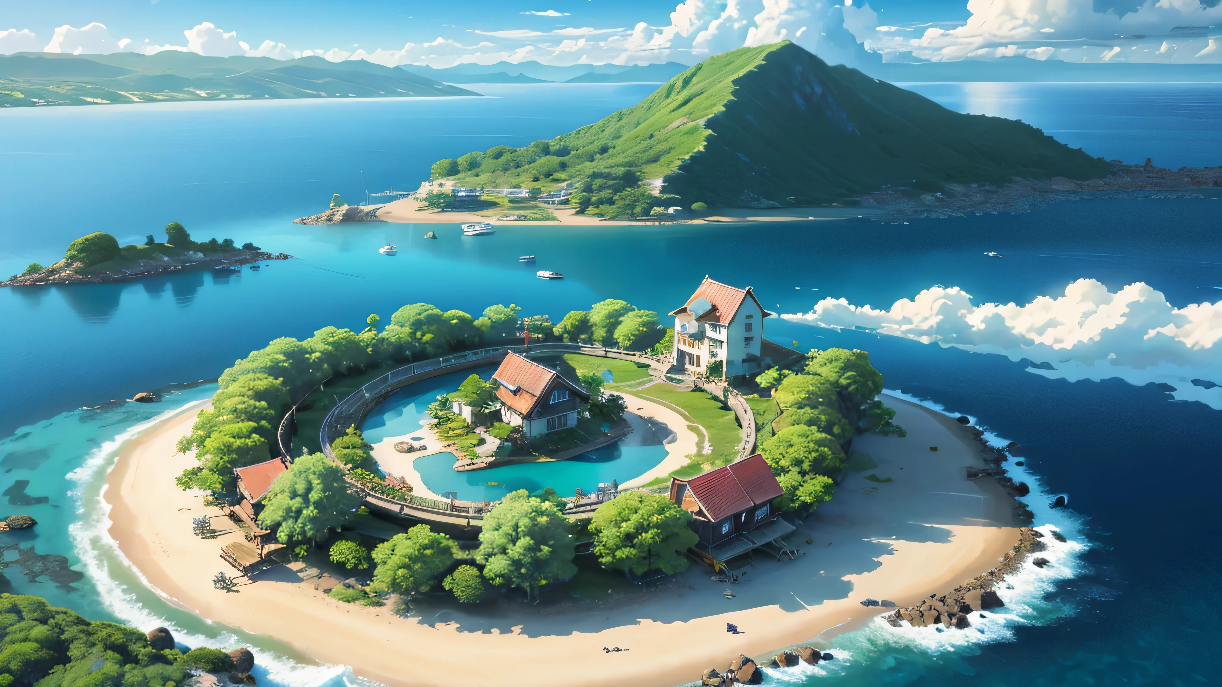 Shinkai Makoto style,Sky Island,There is a small house on the island,Colored trees,Suspension bridge link between small islands,Bubble cloud