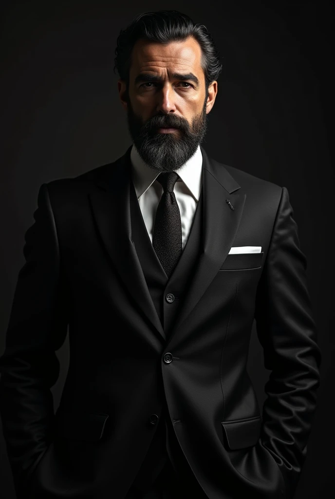 man, mafia, Corleone, Italian suit, long, well-trimmed beard, adulthood, Maturity, SERIOUS LOOK, black color, Photography, portrait, masterpiece, details 4k, cinematic light,