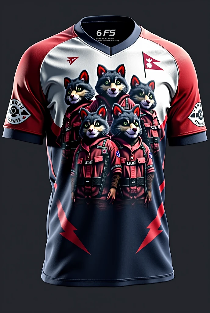 Creat a jersey for ESPORTS WITH FURRY SOLDIERS WRITTEN IN JERSEY MIDDLE AND NEPAL FLAG IN RIGHT TOP AND FS LOGO IN LEFT TOP
