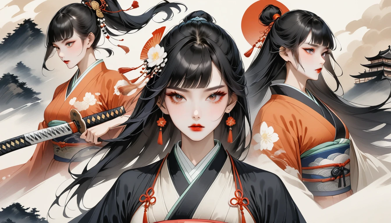Ukiyo-e、Kimono dress,Black Hair、Blunt bangs、warrior、Japanese sword, face, Modern design, 1 female