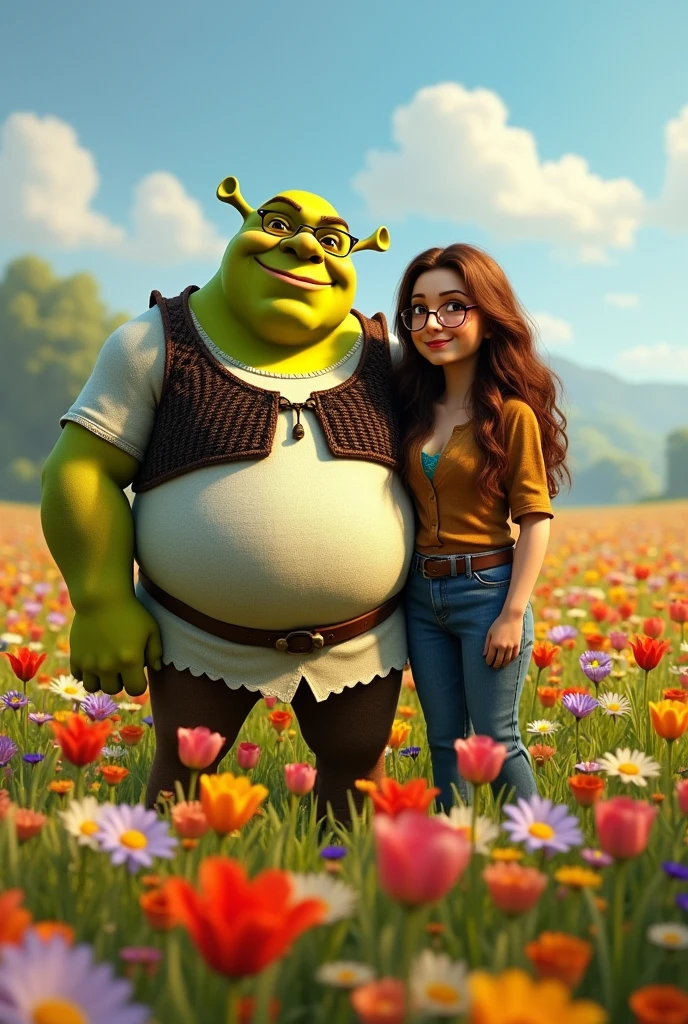 Tall white man similar to Shrek but a slightly fat human in a field of multi-colored flowers accompanied by his girlfriend, a woman with cinnamon-colored skin, long brown hair, reading glasses, dressed in home clothes and with the texts Fran and Meylin with the letters of the names in capital letters and blue and red colors
