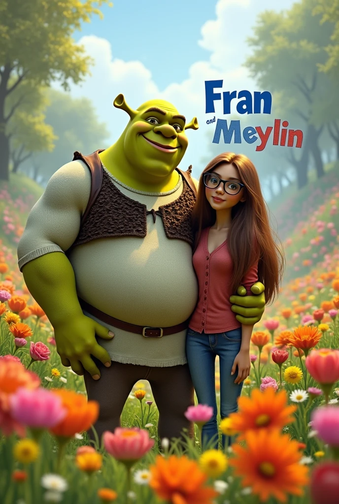 Tall white man similar to Shrek but a slightly fat human in a field of multi-colored flowers accompanied by his girlfriend, a woman with cinnamon-colored skin, long brown hair, reading glasses, dressed in home clothes and with the texts Fran and Meylin with the letters of the names in capital letters and blue and red colors