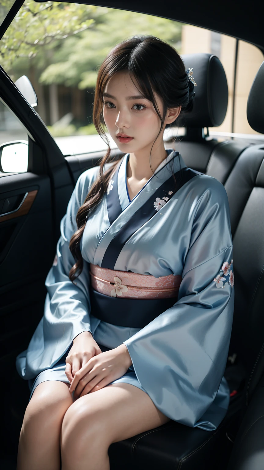 Arafe woman in blue kimono sitting in car, In kimono, Wearing Japanese clothing, In kimono, Elegant Japanese woman, Japanese Kimono, Japanese Model, Wearing royal robes, Kimono, Wearing an open kimono, Beautiful Korean Women, Gorgeous Chinese Model, Beautiful Japanese Face, Yoshitomo Nara, Japanese Goddess