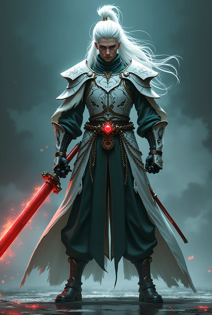 Male age 35, asian, white hair visual kei, wisdom sight, white plate armor, armor plate white tiger, a belt with red ying yang crystal, dark green leather matrix gabardine, dark green cargo, red fire arm, chains around the belt, leather boots with chain pins, cyberpunk japanese style, athletic strongest, magic powers, action, black cat nails, crazy pose, dark night backgroud