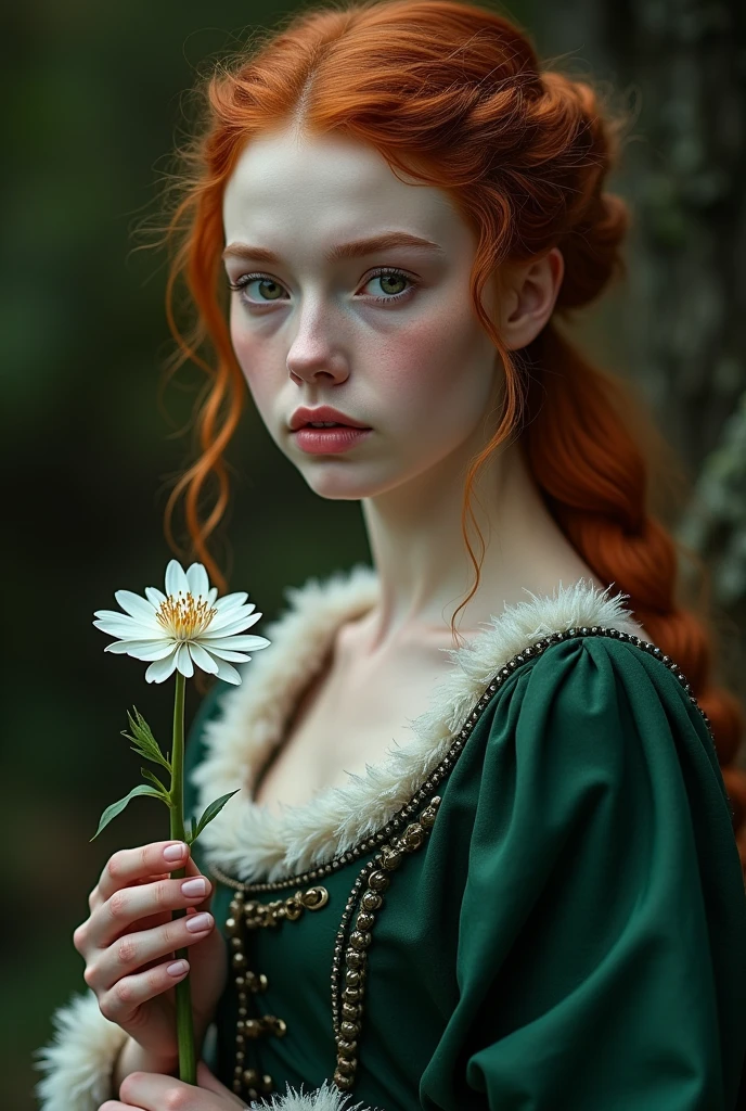 A viking Ginger girl, Dark green medieval dress with white details, looking like a movie scene, She holds a white flower in her hands, looking forward with teary eyes, snow-white skin, closeup