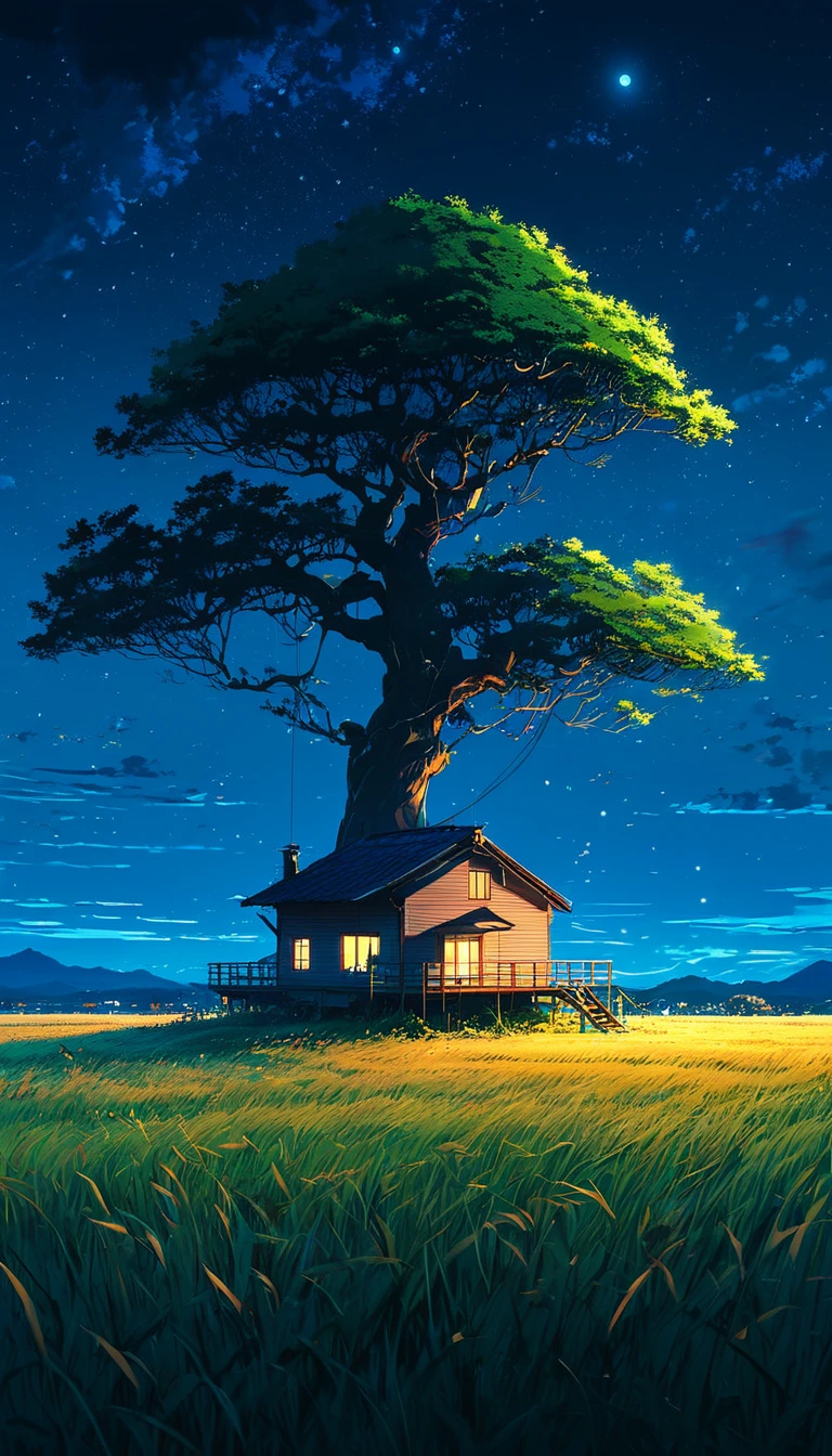 painting of a house under a tree in a field at night, makoto shinkai cyril rolando, anime art wallpaper 4k, anime art wallpaper 4 k, cyril rolando and goro fujita, anime background art, anime background, anime nature, by RHADS, anime art wallpaper 8 k, anime beautiful peace scene, anime landscape wallpaper