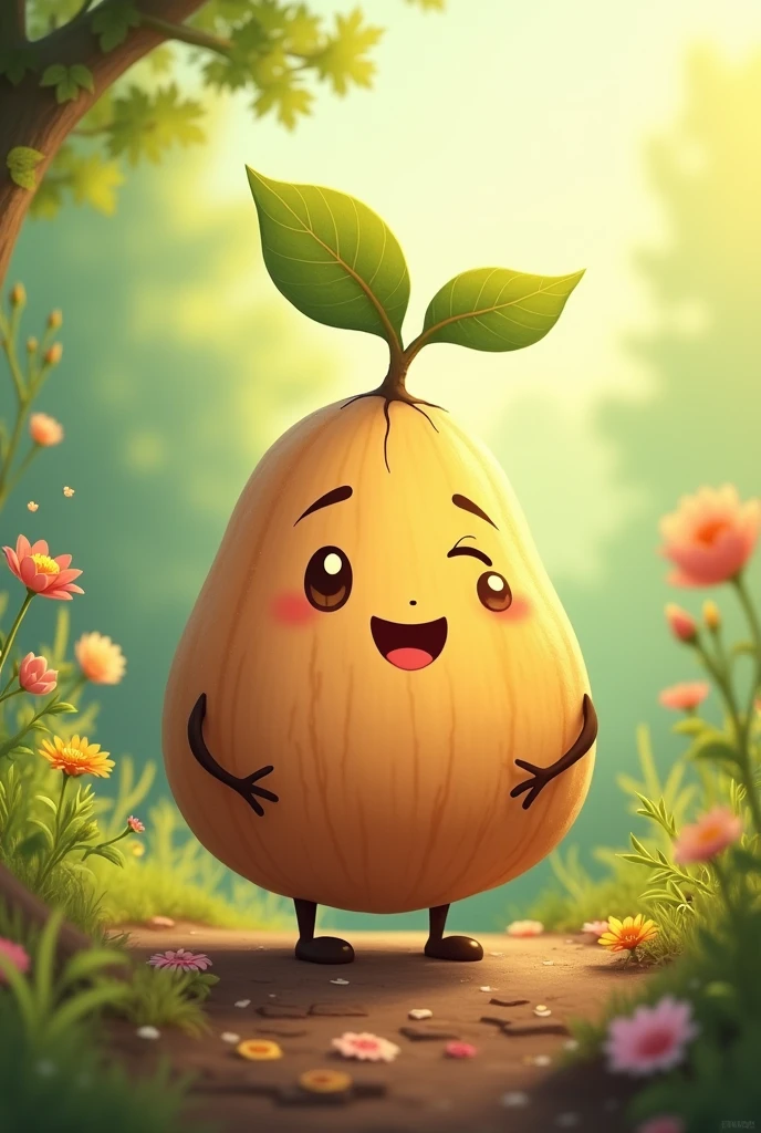 i need a character cartoon that is a seed for kids. muust be represented in color brown with no gender