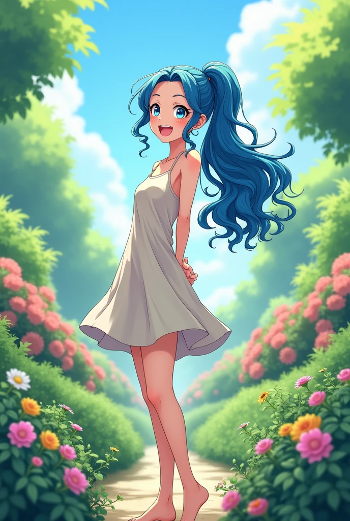 anime girl with curly hair. Blue eyes, long ponytail, laughing, hands behind her back, wearing a short dress, standing in the garden
