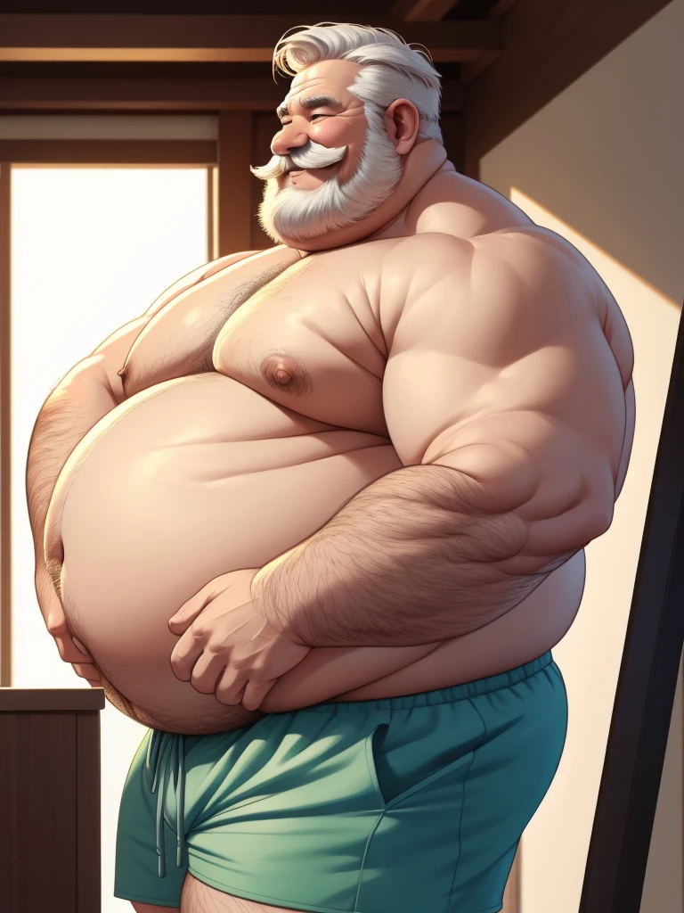 fat daddy, hot daddy, a smiling obese old man, chubby, big fat, detailed realistic portrait, 8k high resolution, topless, sumo physique, side view, perfect center, full view, realistic skin texture, wrinkled face, short hair, thick mustache, white hair, bearded, jovial expression, huge belly, fat, wearing shorts, high detail, masterpiece, (best quality,4k,8k,highres,masterpiece:1.2),ultra-detailed