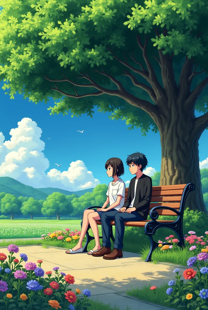 a painting of a bench under a tree, multicolored flowers, makoto shinkai and cain kuga. high detail, anime, ghibli studio style, cushart, ghibli film,beautiful art uhd 4 k, a beautiful artwork illustration, beautiful digital painting, highly detailed, beautiful digital artwork, detailed painting 4 k, very detailed digital painting, rich picturesque colors, gorgeous digital painting