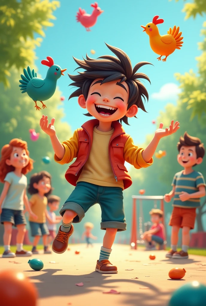 "A mischievous boy with a big grin on his face, wearing a colorful outfit with mismatched socks, playfully juggling rubber chickens while balancing on one foot. His hair is a bit wild, sticking out in all directions, and he's surrounded by a few laughing friends who are clearly enjoying his antics. The scene is set in a bright, cheerful park with swings, slides, and a few scattered toys, making it a lighthearted and joyful moment."