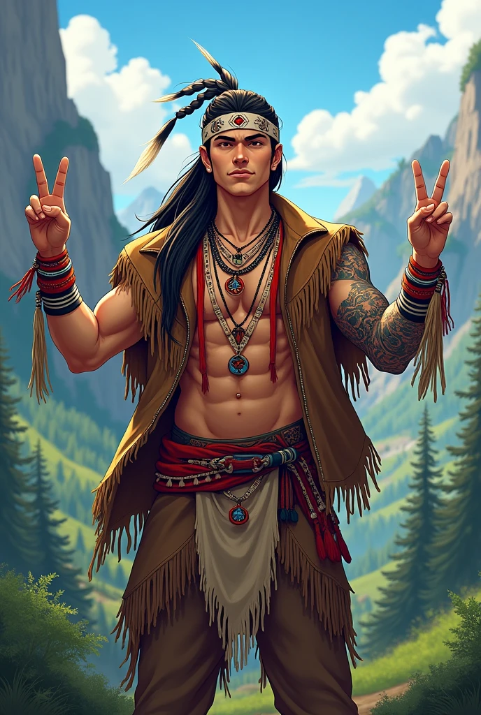 a picture of a anime native american man holding up a piece sign