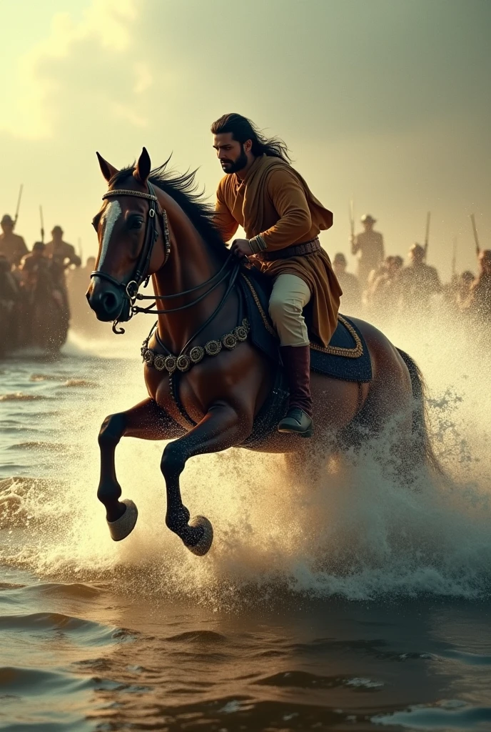Chetak’s Heroic Leap: The moment when Chetak, despite being injured, leaps across the swollen river carrying Maharana Pratap. The scene captures the intensity of the moment with the river's turbulent waters beneath and the distant enemy forces on the other side.