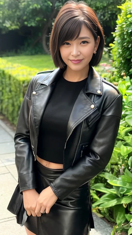 最high quality, 8k, Vibrant, Sharp focus, high quality, High resolution, Middle-aged women, Mature Woman, 5, (Whole Body Ezbian), (High heels face detail, Highly detailed eyes, Plump figure、Plump face、((big 1.6))、((Black leather clothing))、garden、Random Hairstyles、A kind smile、Very short hair、(Standing posture、Leather skirt、leather jacket、Leather Fashion)、