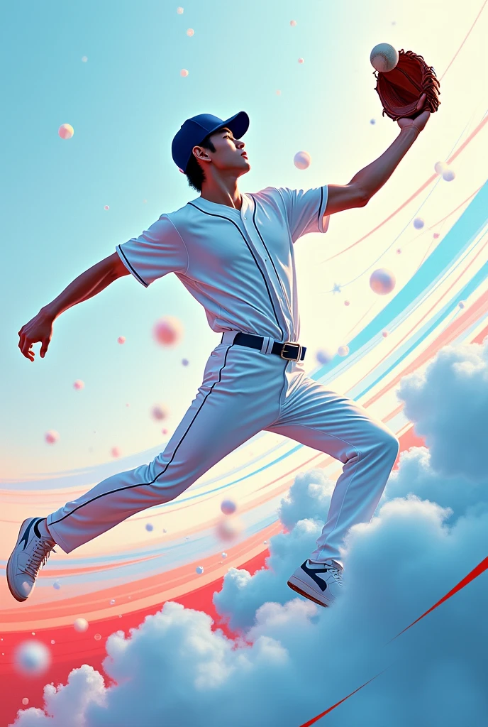 "Design a visually striking social media graphic featuring a dynamic action shot of a handsome 20-something Korean baseball player in mid-catch. Incorporate a modern, abstract design with flowing lines and bubble elements to create a sense of motion and energy. The player should be the central focus of the image."This design can also incorporate cloud elements.