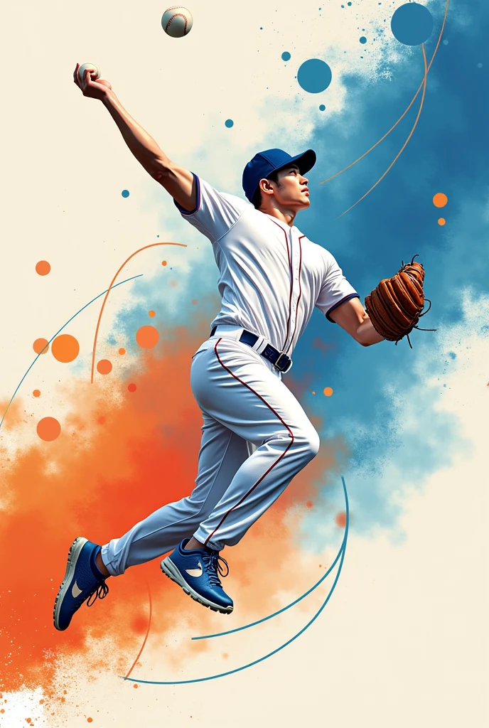 "Design a visually striking social media graphic featuring a dynamic action shot of a handsome 20-something Korean baseball player in mid-catch. Incorporate a modern, abstract design with flowing lines and bubble elements to create a sense of motion and energy. The player should be the central focus of the image."This design can also incorporate cloud elements.