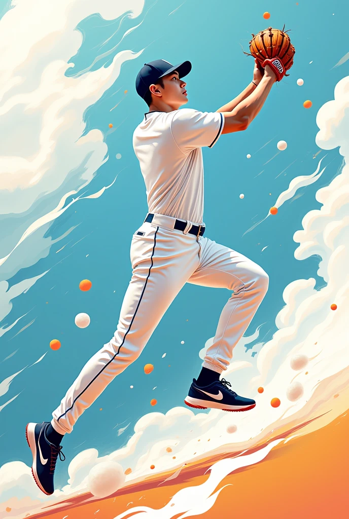 "Design a visually striking social media graphic featuring a dynamic action shot of a handsome 20-something Korean baseball player in mid-catch. Incorporate a modern, abstract design with flowing lines and bubble elements to create a sense of motion and energy. The player should be the central focus of the image."This design can also incorporate cloud elements.