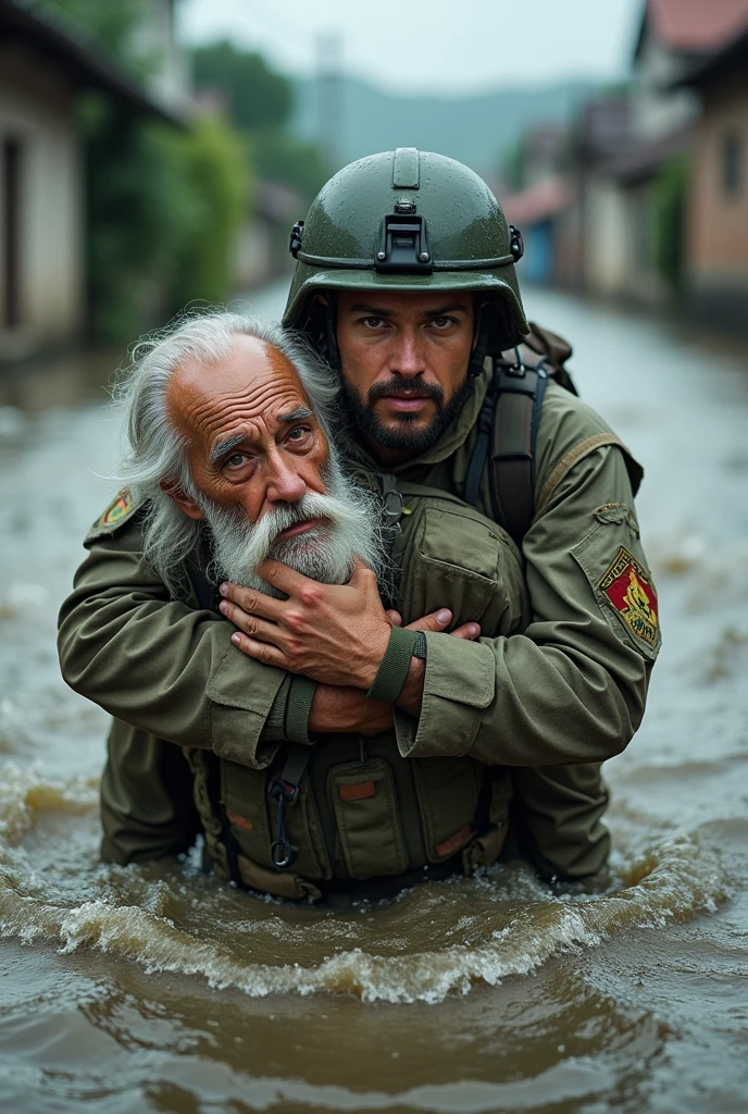 ((Masterpiece)), (Best Quality), (Ultra Detailed), ((Very Detailed)), 4K, (8K), A young soldier, clad in camouflage fatigues and a helmet, carries an elderly man through floodwaters. The soldier's expression is one of focused determination, while the elderly man, with his long white beard, appears frail and vulnerable. The scene is a powerful depiction of compassion and service in the face of adversity.

[Photorealistic, documentary style, natural lighting, focus on the soldier and the elderly man, inspired by the work of James Nachtwey]

[Background: A flooded landscape with a blurred background of other soldiers in the distance. The overall effect is gritty and realistic, emphasizing the severity of the situation.]
