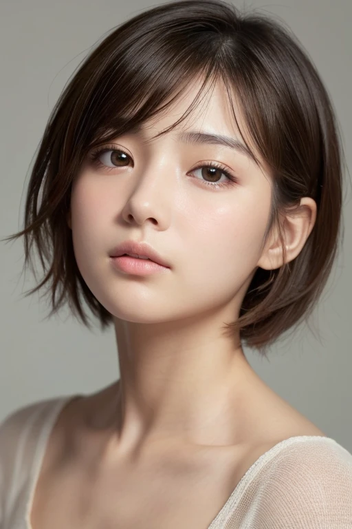 masterpiece, (photo realistic:1.2),14才, young girl, puffy face, (broad jawline:1.2), shiny skin, detailed skin, (no makeup:1.2), messy hair, short Bob Cut, front view , close-up, from bottom, tearful face