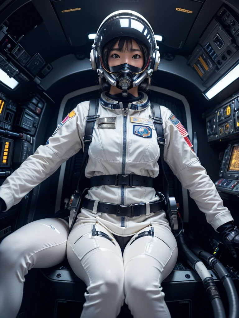 masterpiece, Highest quality, Very detailed, Japanese Android girl, Beautiful 2 Japanese woman, Plump,Slightly thicker,Control panel,Android,cyborg,Blunt bangs,Sitting in the cockpit of a spaceship and piloting it,astronaut,Thick harness belt,Full-face helmet,Gas mask with hose attached,A hose is connected to his crotch