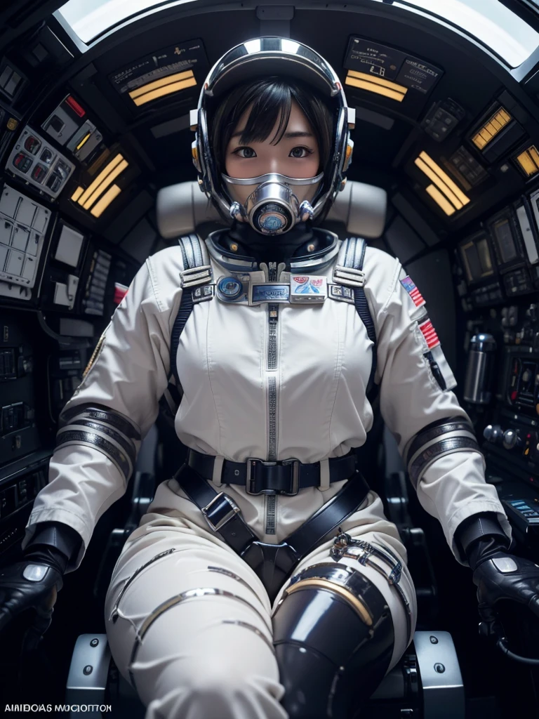 masterpiece, Highest quality, Very detailed, Japanese Android girl, Beautiful 2 Japanese woman, Plump,Slightly thicker,Control panel,Android,cyborg,Blunt bangs,Sitting in the cockpit of a spaceship and piloting it,astronaut,Thick harness belt,Full-face helmet,Gas mask with hose attached,A hose is connected to his crotch