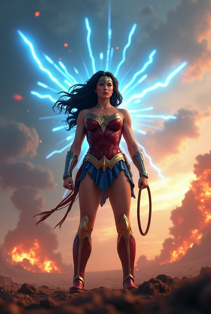 wonder woman style background, taking the sky and a little bit of earth, field of battle, sky with blue lights, explosions in the sky and fire bullets flying in the air