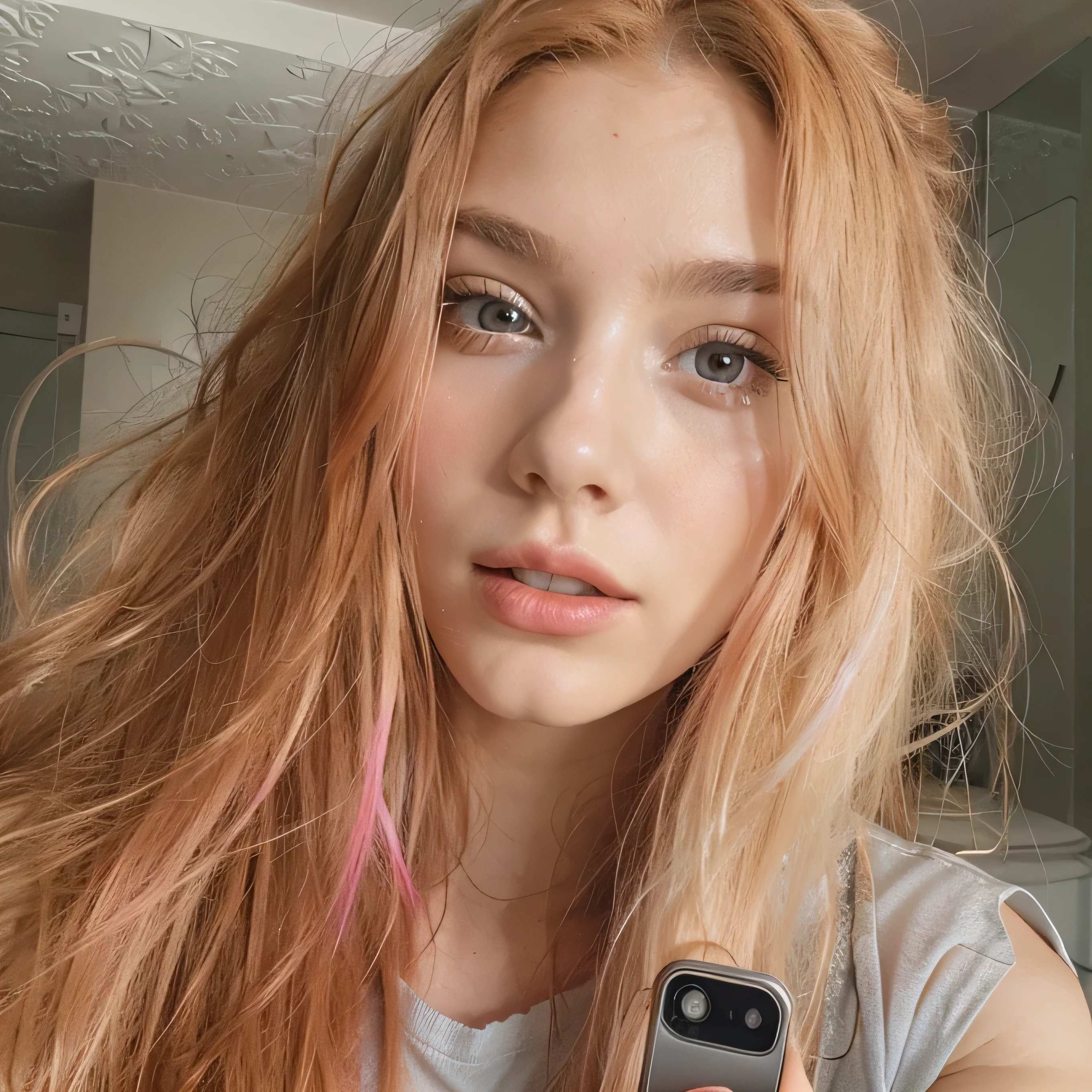 A 20-year-old beautiful European girl with detailed long red hair and gray eyes, wearing lip liner, eyeliner, and red lipstick, takes an iPhone camera selfie of herself in the sport. The selfie is a medium shot, and the girl has an ombre blonde-pink hair color. The image features film grain and medium quality, shot with an 80mm lens. The same girl and face are captured, emphasizing her striking features.