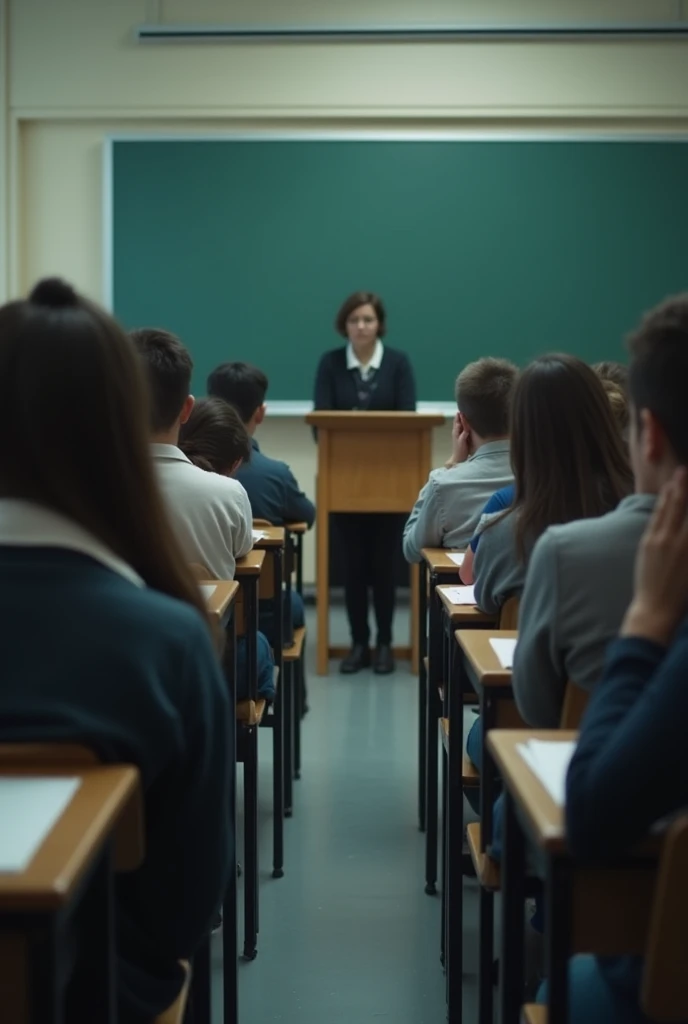 In the style of real movies，Exam in the classroom，Students sit at desks with their backs to the camera and answer questions seriously，Podium，blackboard，Don't show your face