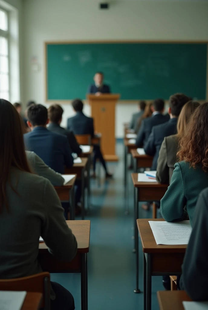 In the style of real movies,Exam in the classroom,Students sit at desks with their backs to the camera and answer questions seriously,Podium,blackboard,Don't show your face