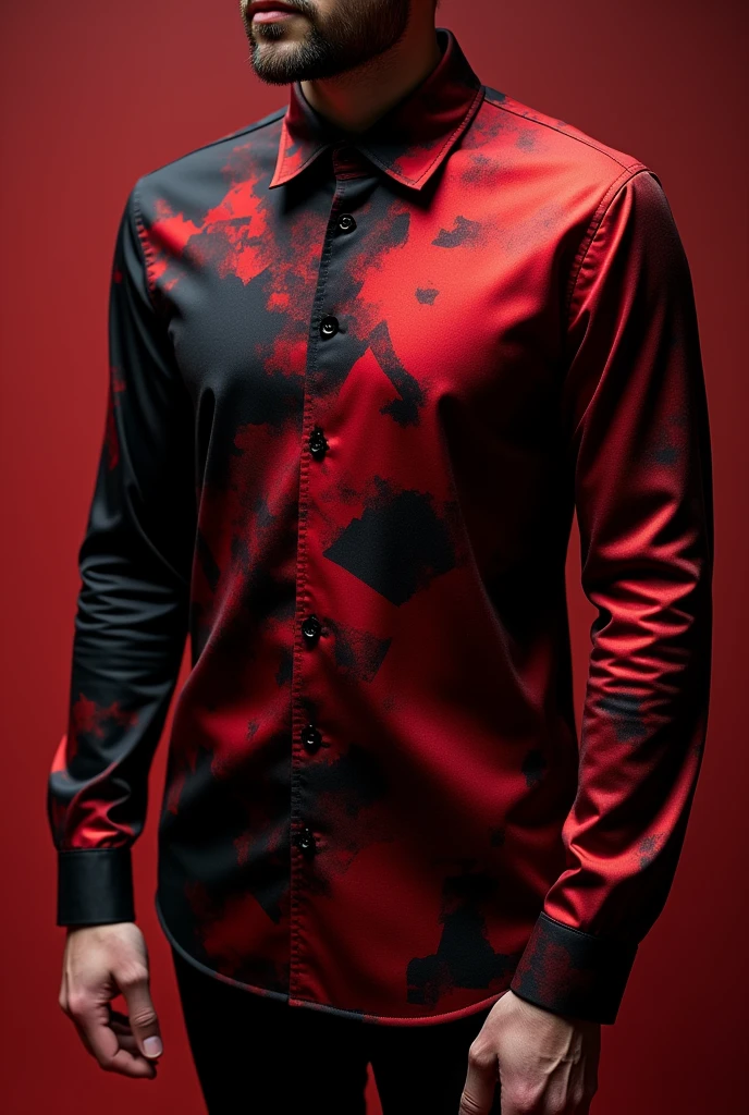 An eye catching matte red and black shirt with shape patterns on with a touch of most beautiful colours combined making the shirt so beautiful and glamourous