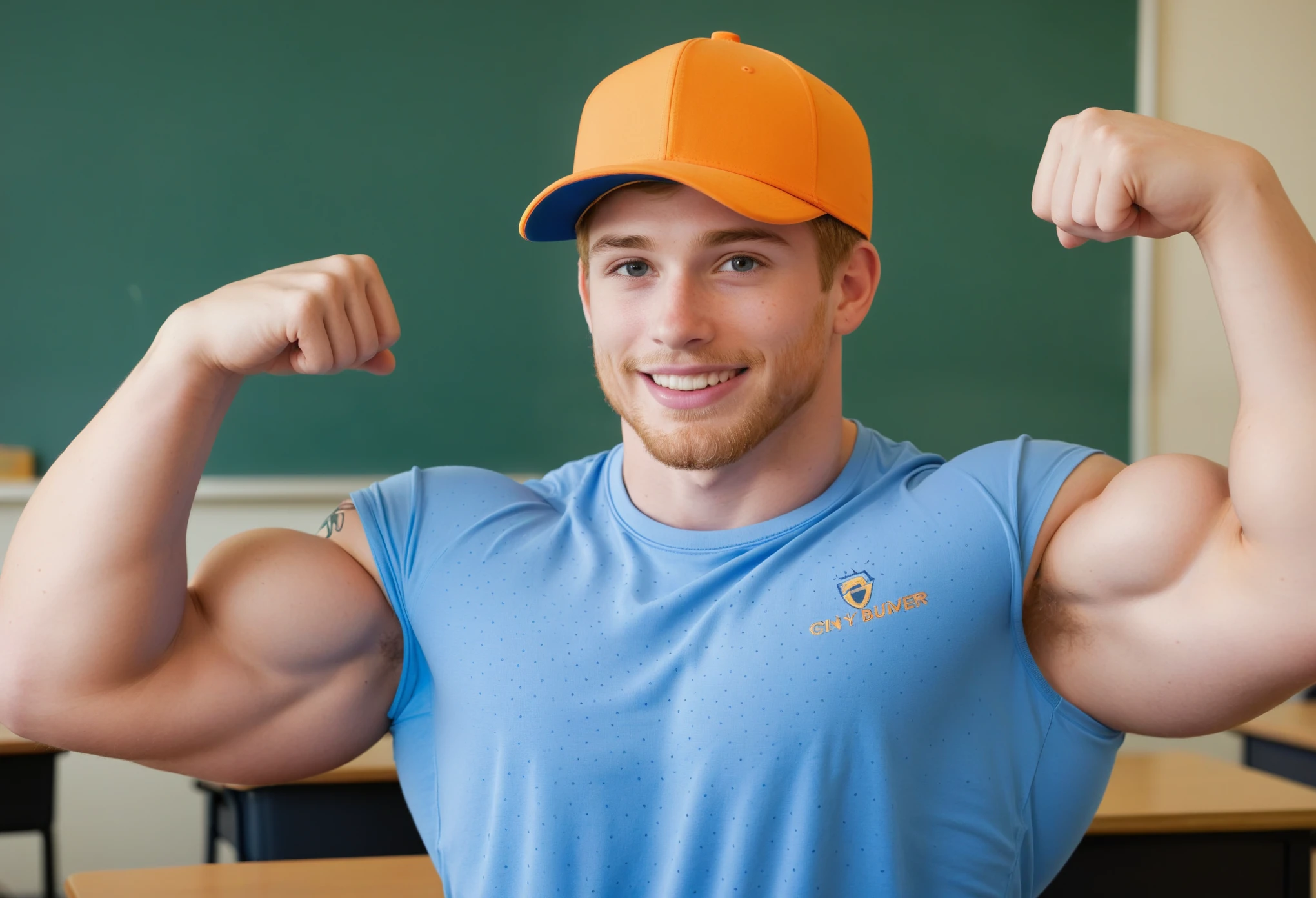 A photo of a super dumb young  male teenager bodybuilder toddler Innocent face idiot expression super muscular blonde redhead handsome dumb face roided giant muscles full kindergarten kids classroom wearing a super tight sweaty shirt tight biceps flexing giant ever muscles erect cock penis pale tattooed baseball cap smirk toddler CMYK colorful mates eagerly desiring him oral sex
