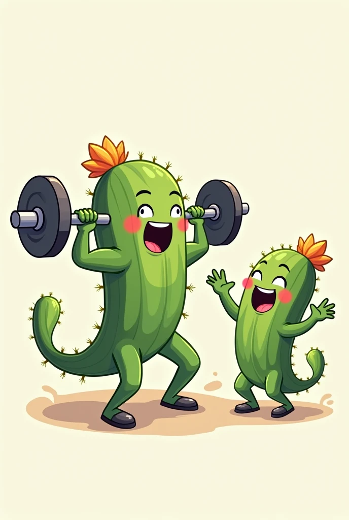 Two cactus, em formato de desenho, man and woman, with feet, in which the male cactus is doing snatch and the female is cheering 