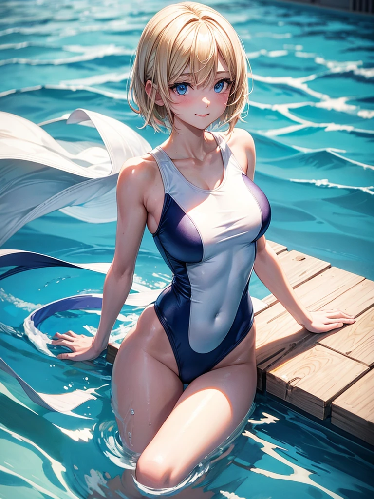 Very close、(((16K、masterpiece、High resolution、High resolution)))、((1 young elven girl))、((Beautiful blonde))、short hair、((Beautiful Blue Eyes))、((Pointed Ears))、、Smiling Kindly、Grin、Open your mouth a little、blush、Pink Lip Gloss,((White one-piece swimsuit、High leg))、((Indoor Pool、Poolside))、look at me、((Put your arms behind your head))、Angle from below、water droplets、((Oilskin)