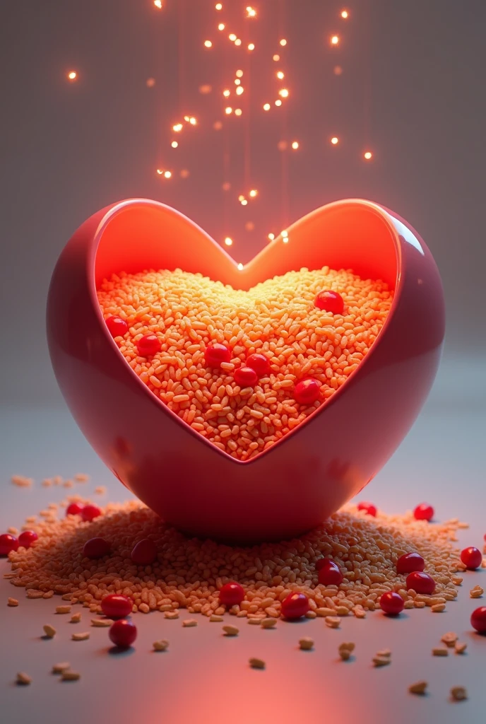 A heart filled with rice and beans , with 3D lights and shadows
