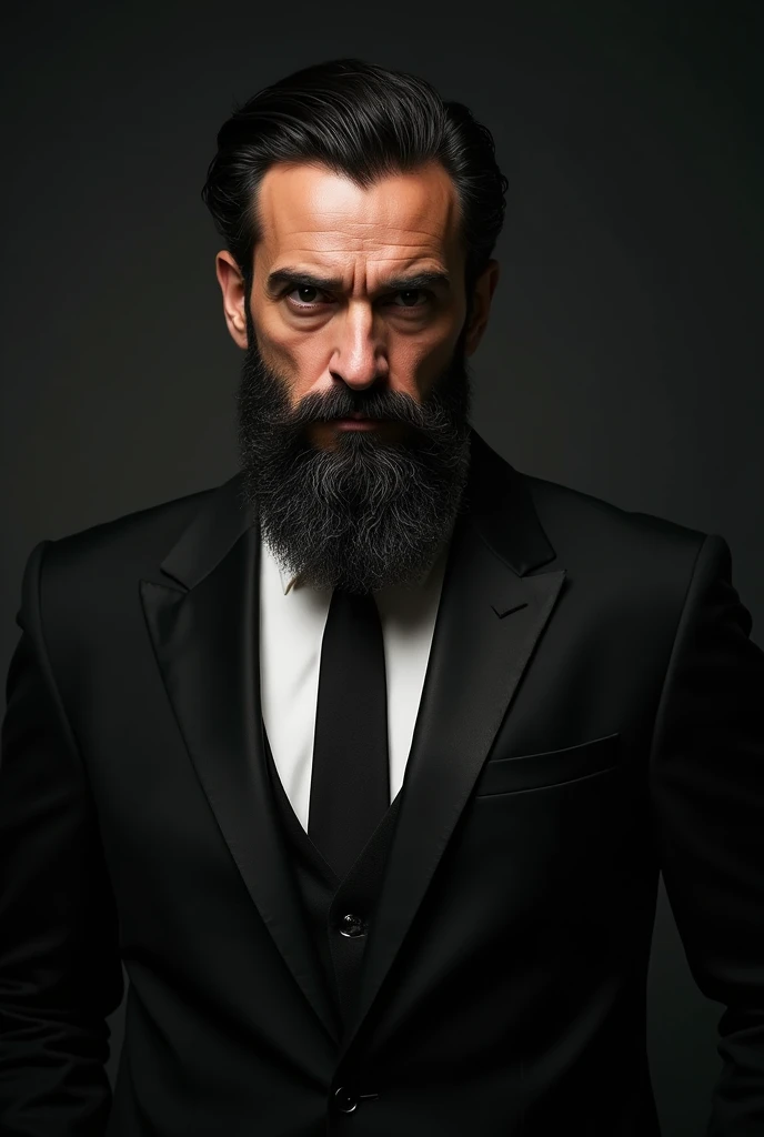 handsome man, mafia, Corleone, Italian suit, long, well-trimmed beard, adulthood, Maturity, SERIOUS LOOK, black color, Photography, portrait, masterpiece, details 4k, cinematic light,