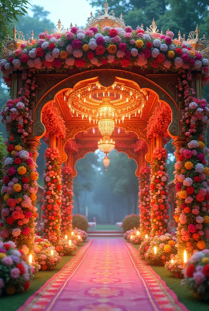A marriage pendal with multi colour theme with flowers decoration and light