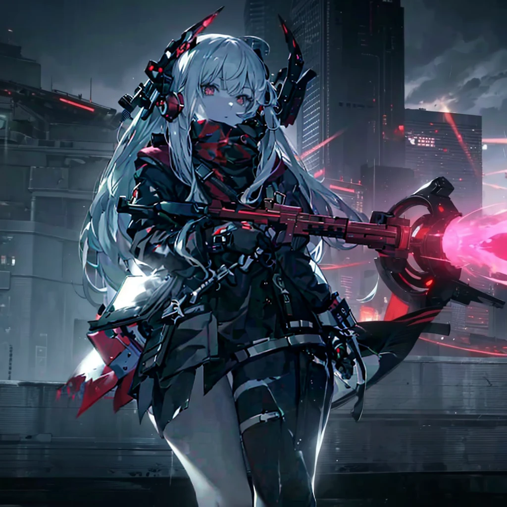 (Masterpiece) (Anime Girl, 1girl) (Detailed) She has a Pale And Flawless Skin, Long Flowing White Hair, Red Eye, Blood-Red Attire, Heavy Weaponry
