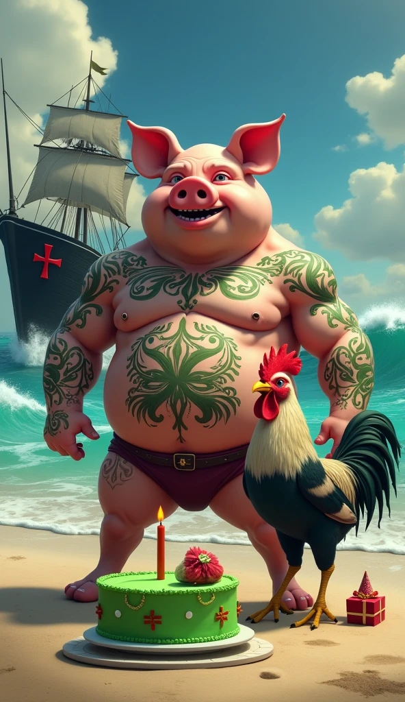 A muscular pig, puffed chest and shirtless, green tattoos, celebrating his birthday on the beach sand, background decoration a black ship black ship thick red Maltese cross highlighted, big waves around, green birthday cake candle in the shape of thick red Maltese cross written Happy Birthday to, guest muscular rooster bird, puffed chest, open vest, holding present, wearing birthday hat