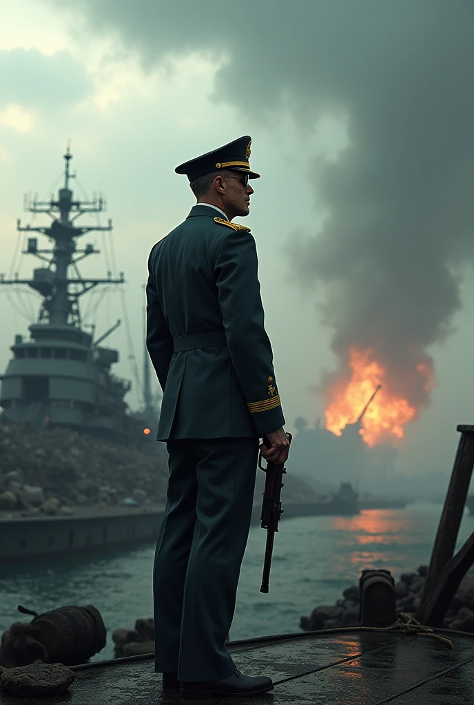 Man with gun wearing glasses looking at the sky, your perspective is from behind, war environment end of the world , in the clothes of a lieutenant or general on a warship.