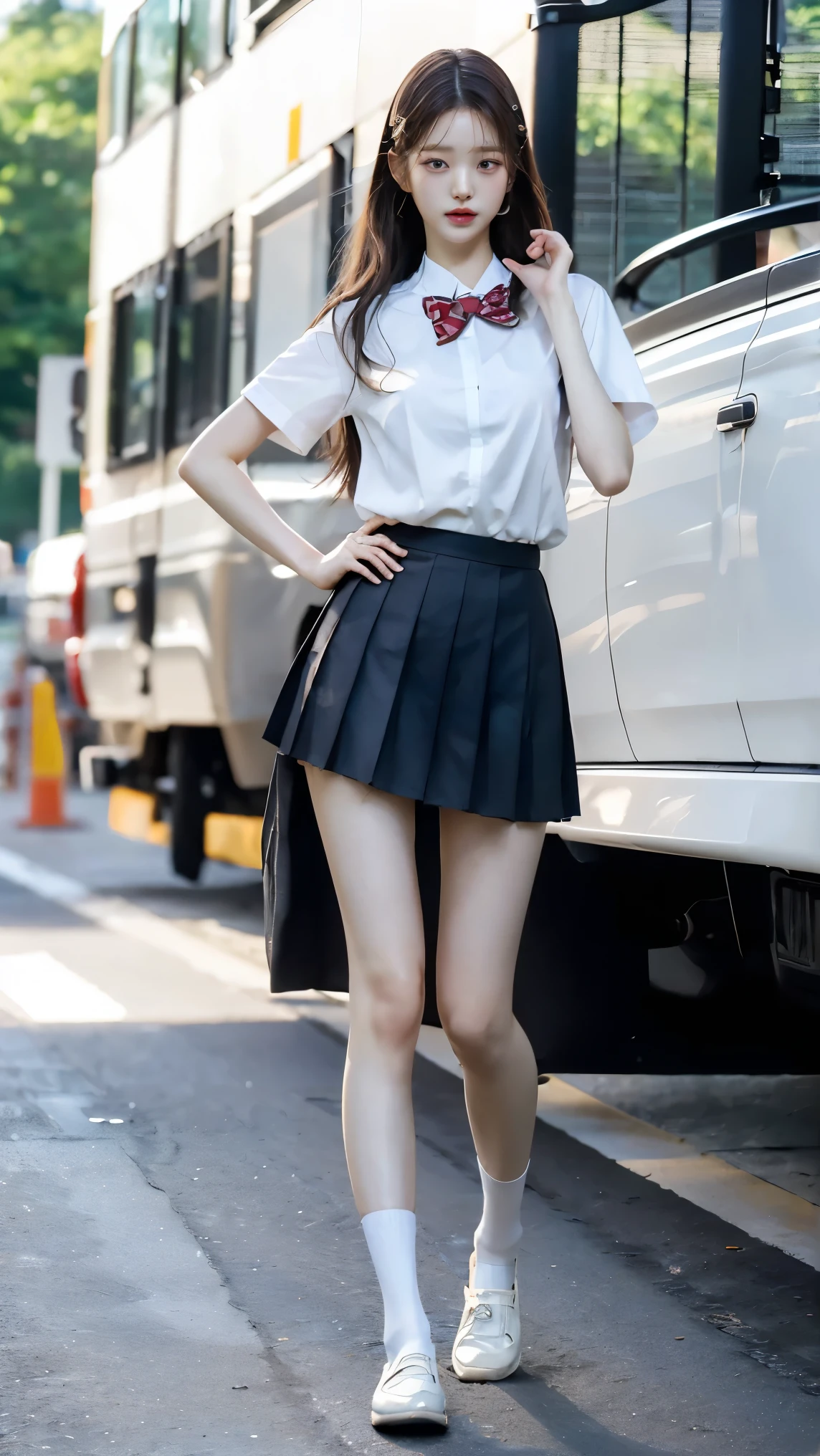 Absurd, RAW Photos, Very delicate and beautiful, masterpiece, Highest quality, Ultra-high resolution, 16K, hyperRealistic, Realistic, photoRealistic, photo-Realistic, Very detailed, Perfect Anatomy, Very detailed肌, Perfect figure, Very detailed CG 8k 壁紙, nude, Pussy, shaved Pussy, Nipples, perfect Nipples, Perfect breasts, Round Breasts, Small Head, Perfect Fingers, (((whole bodyショット:1.8)))，(whole body :1.5), Very white skin, Are standing,Stand with your feet together,Stand with your back straight,whole bodyを此方に向ける, Mid-chest, nude, blush, the wind is strong,Long legs，Thin legs， Sexy Legs, on the road,  Fluffy hair, bangs, (2 people :1.5), Small Ass，long and thin arms，Long legs, Mid-chest, Messy Hair,Hands down, Put your hands in your pockets, Hands down,  Sexy pose,Tight waist， friend, nude girlfriend, smile, Happy, medium Round Breasts, Spread your legs, Sexy pose, Spread your legs, walking on the road, Laughter, Lift shirt, 3 people, ((Japanese schoolgirl in uniform)),((Checkered high school uniform and mini skirt)),((High school uniform summer short-sleeved white shirt)), ((Red bow tie))，((Black Loafers))，school boots, Black Hair,  Tight waist，(((Short ankle-length white socks))),((Height 173cm:1.3))，Slim model body shape，(slim and muscular athletic build:1.3)，(slim but muscular legs)，(Thin thighs)，(Long thighs)，(((Clothes that expose a lot of bare skin:1.3)))，((Sexy bare feet:1.3))，((She looks just like Wonyoung from the Korean idol group IVE..:1.8))，1 person,Long legs，((Anatomically correct:1.3))