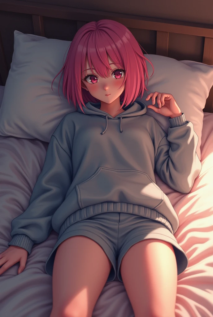 Draw a high school girl with pink bob cut hair, wearing a gray hoodie and shorts, touching her breasts on a bed.